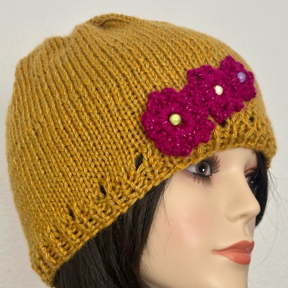 Hand Knits 2 Love Beanie Hat Cap Flowers Decorative Beads Designer Boho Hip